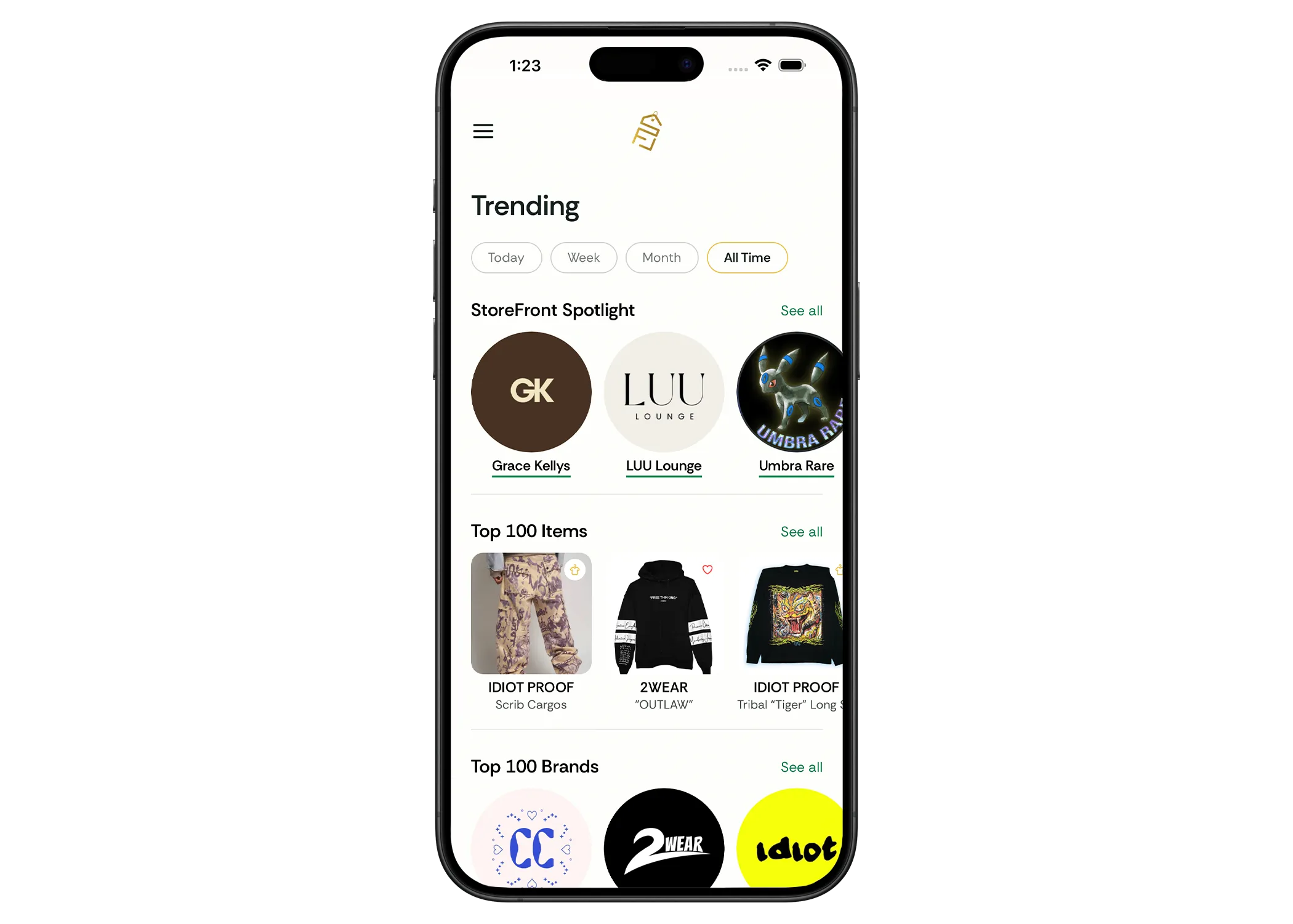 StoreFront trending screen - spotlight brands and top 100 items and brands.