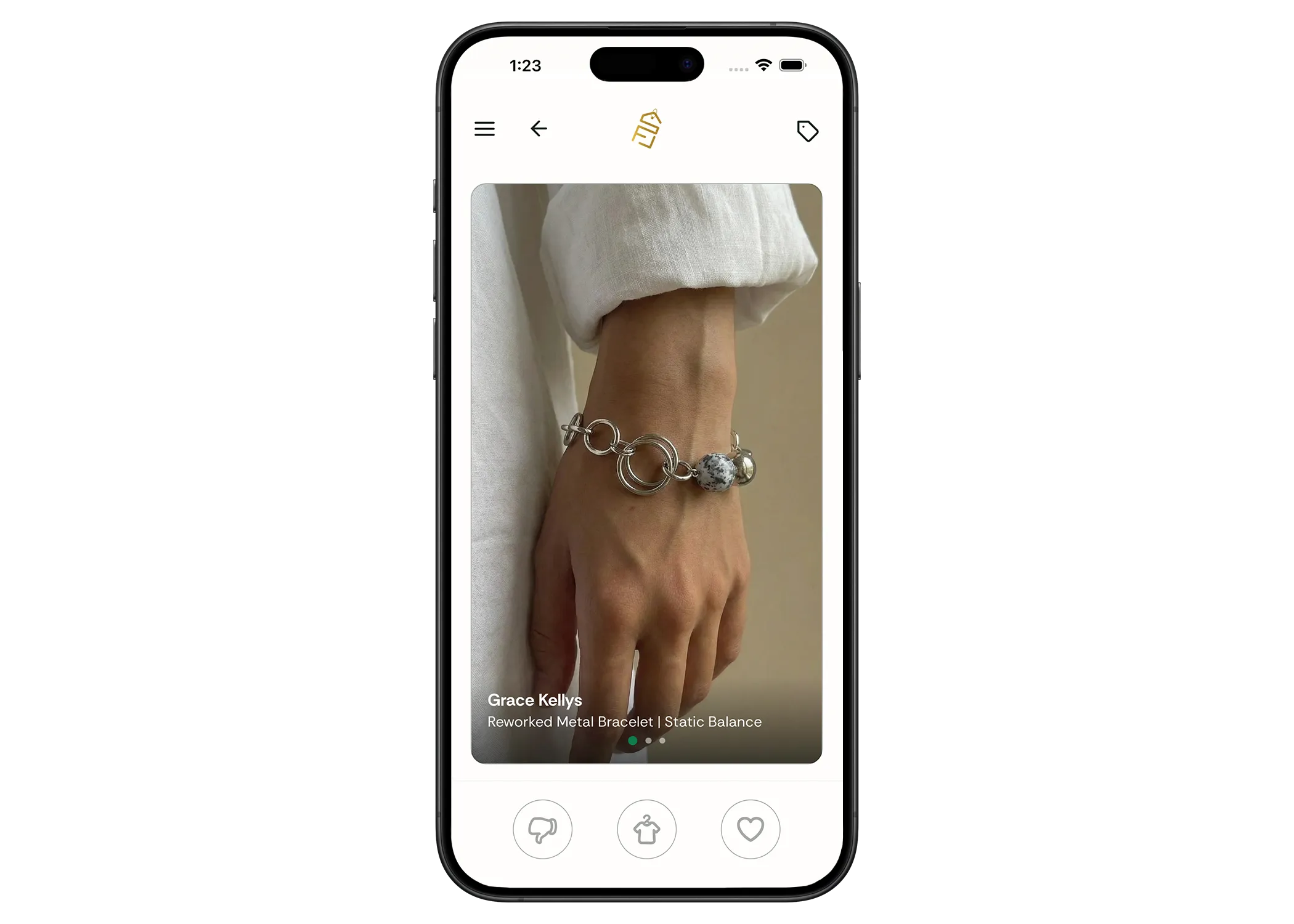 StoreFront swipe screen - a product shown as a swipe card with like, save, and dislike controls.