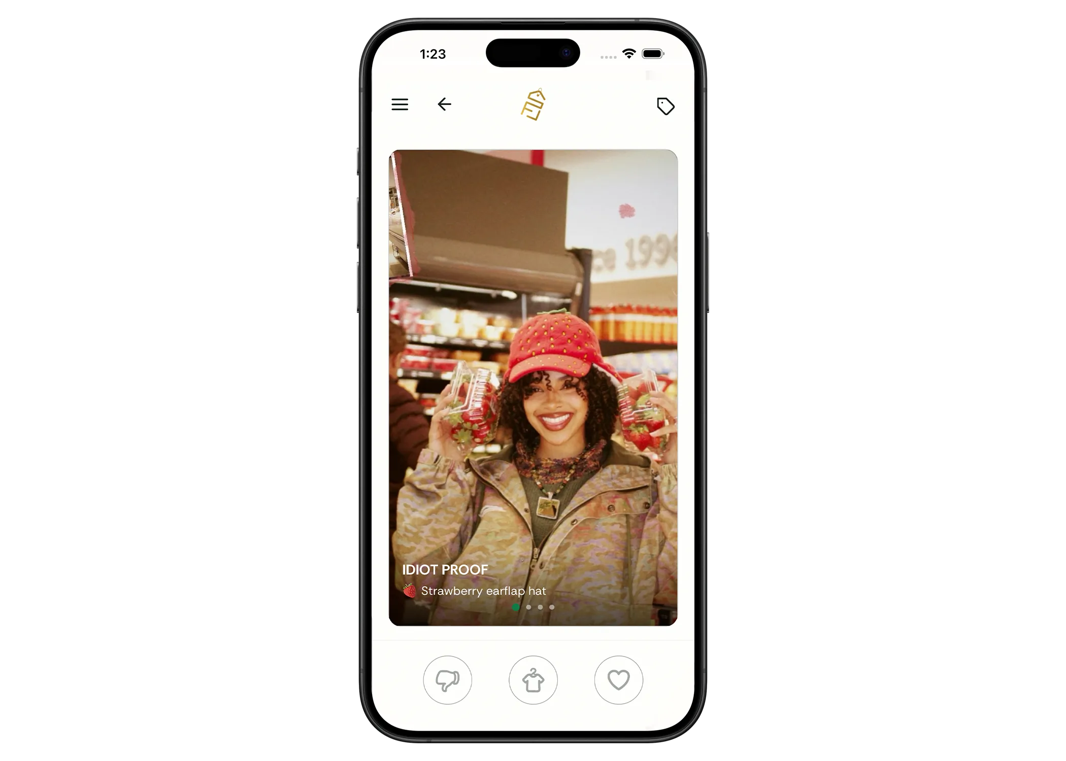 StoreFront swipe interface - a fashion piece presented as a swipe card alongside brand and sourcing detail.