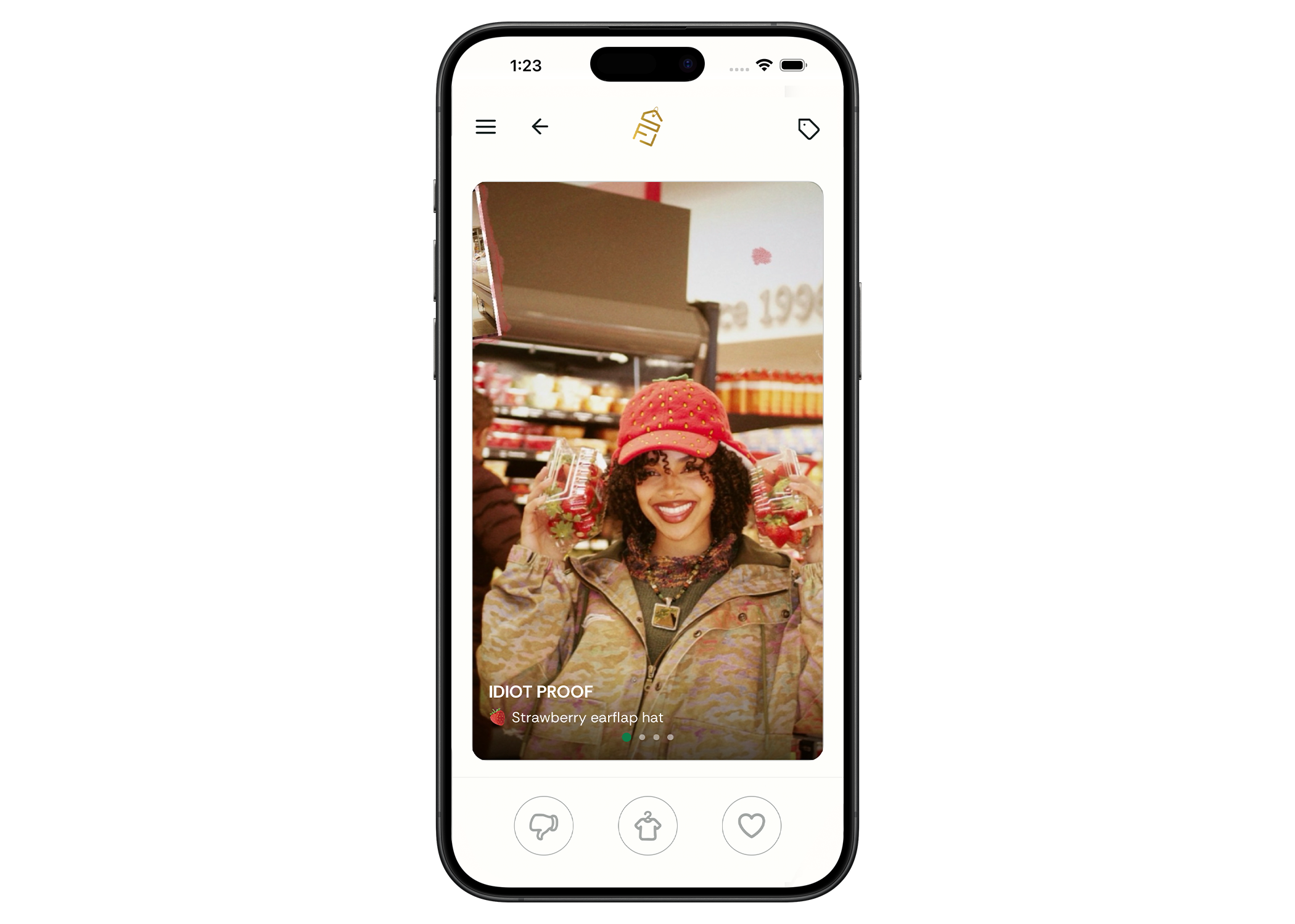 StoreFront app — swipe card showing a piece from an emerging brand.